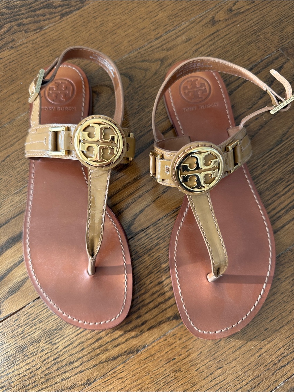 Tory Burch Tan Leather Logo T-Strap Sandals with Gold Emblem